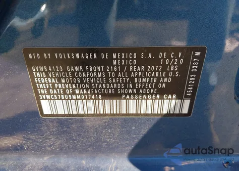 2021 Volkswagen Jetta 1.4T R-Line/1.4T S/1.4T Se из США, поврежденный, VIN 3VWC57BU9MM017418